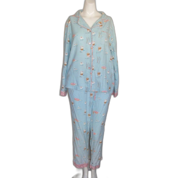 MUNKI MUNKI Pajama Set, M, Blue, Donuts & Coffee, Flannel, 2 piece, Top/Pants - Picture 5 of 14